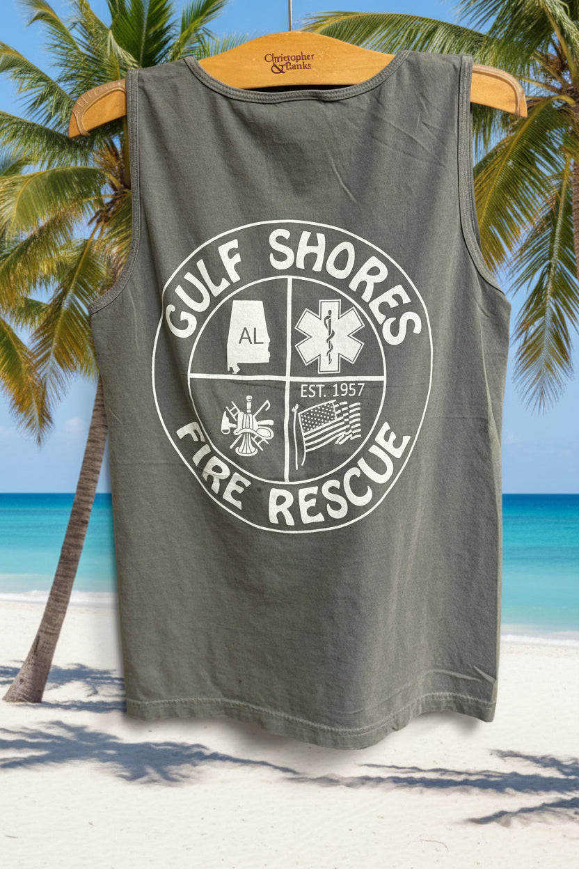 Adult  Grey Gulf Shores Fire Rescue Comfort Color Tank Top